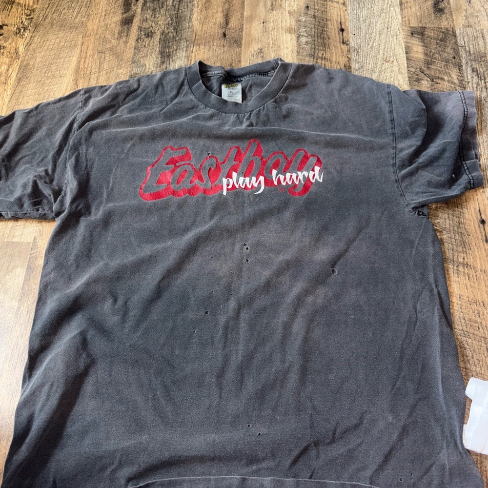 Black Graphic T-Shirt with Red and White Text east bay vintage